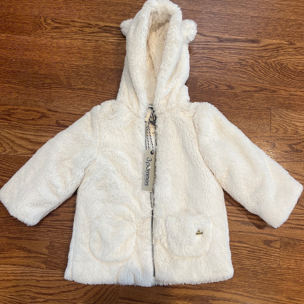 Baby White Shimmery Faux Fur Hooded Jacket